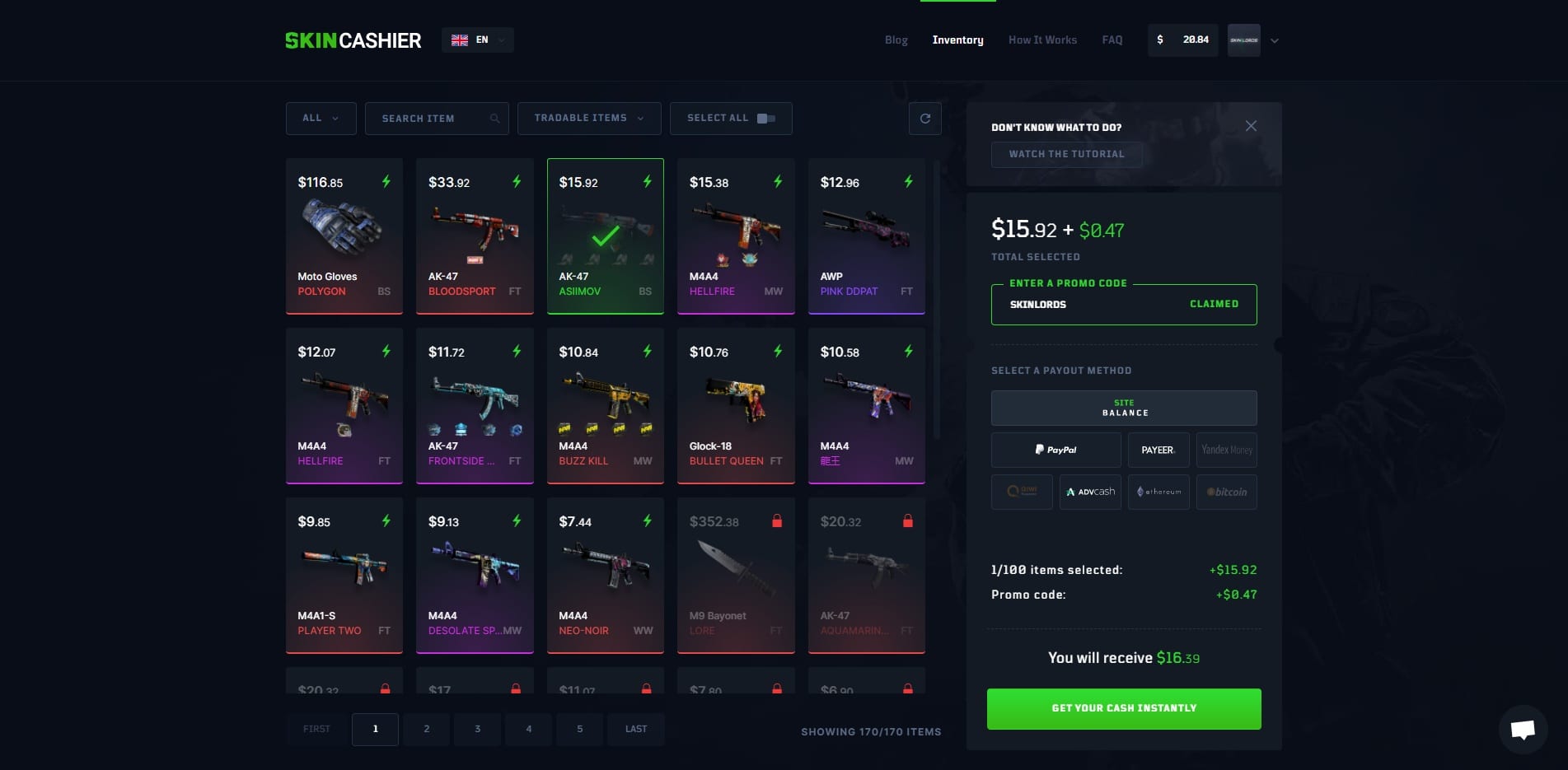 SkinCashier Item Selling Page