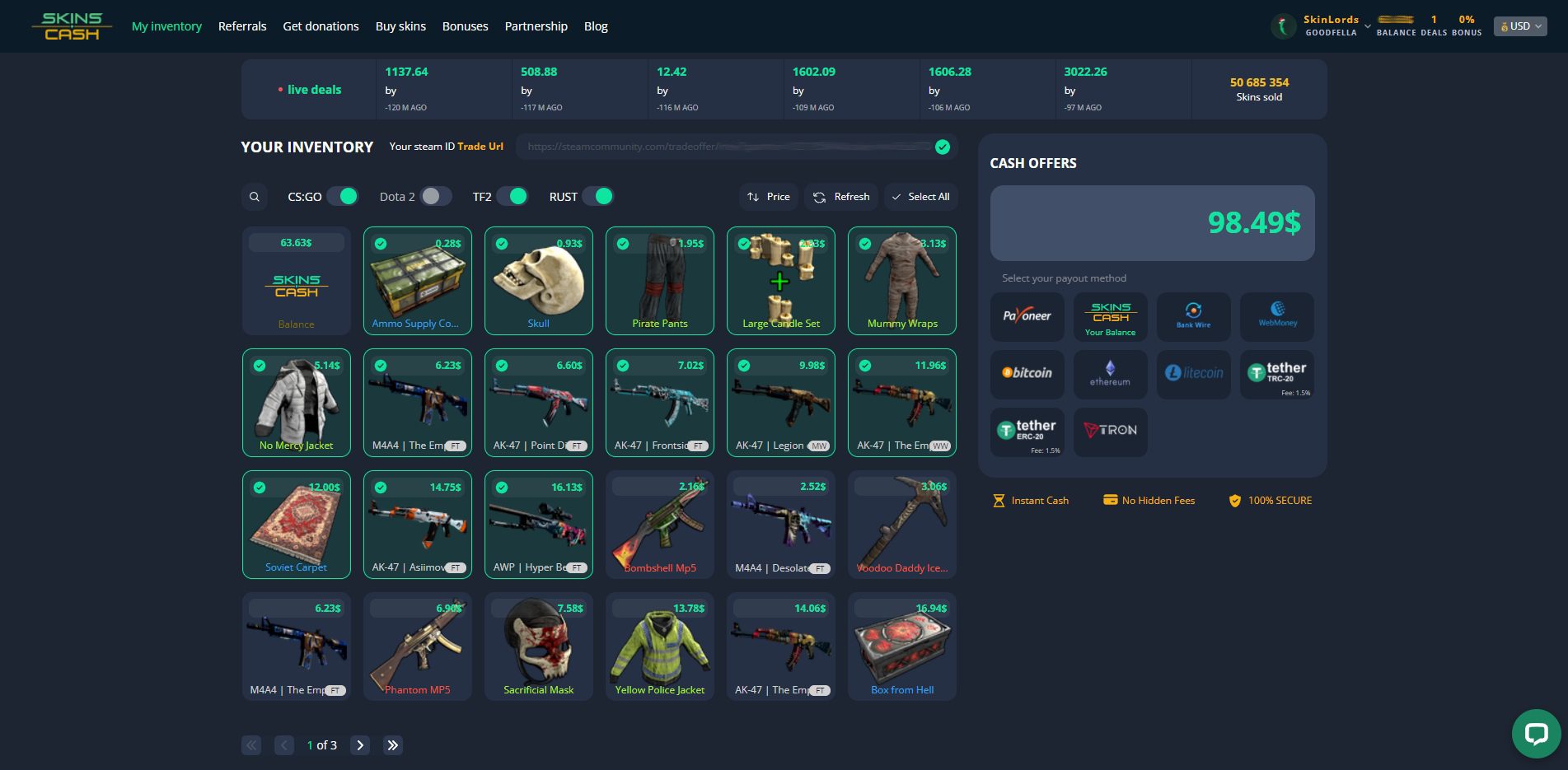 SkinsCash CSGO & Rust Skin Selling Panel