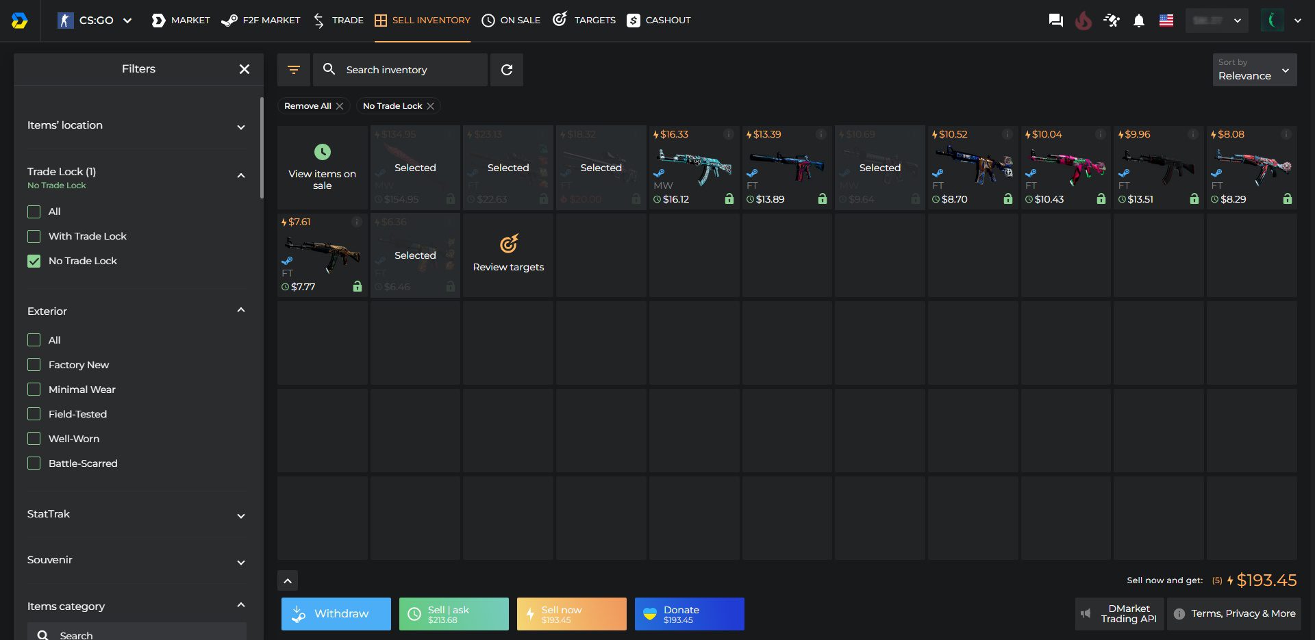 DMarket CSGO Skin Listing or Instant Sell