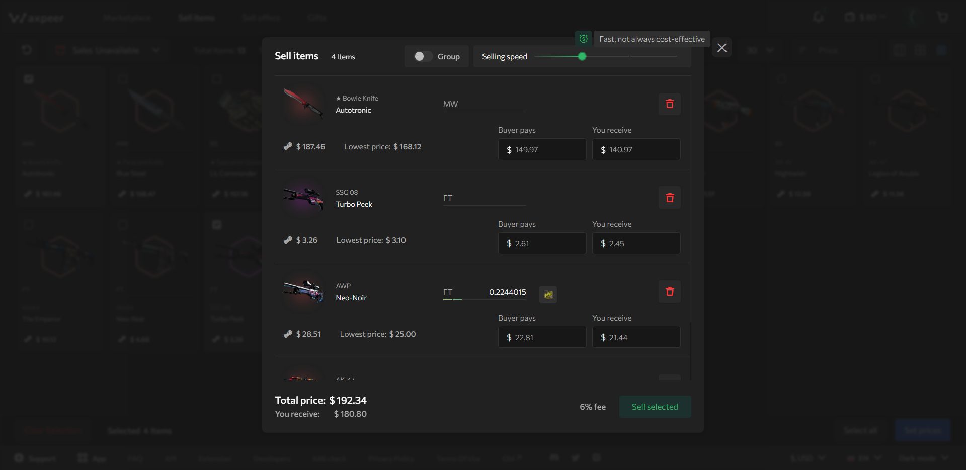 Waxpeer Selling Items
