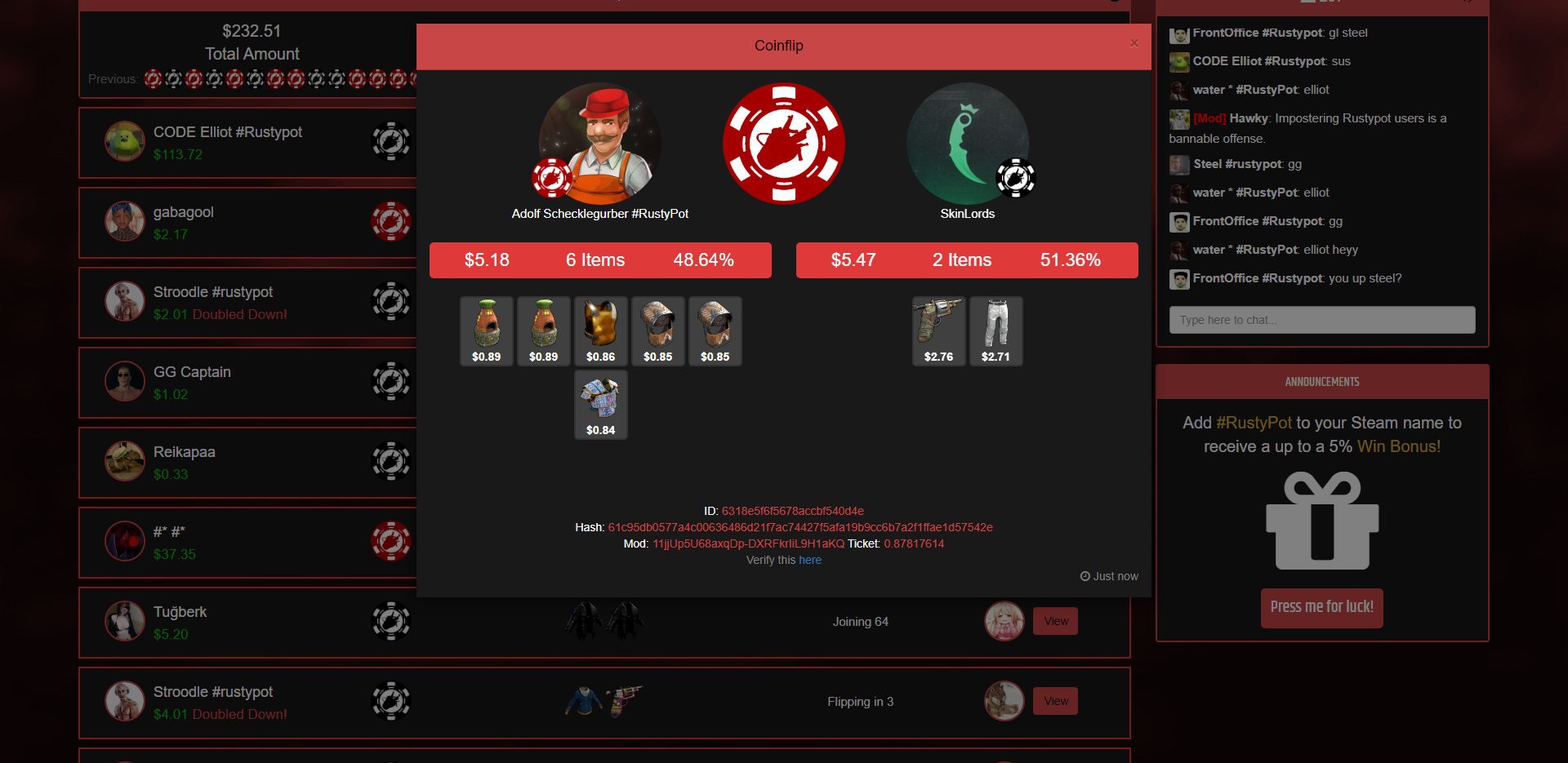 RustyPot Coinflip Game Overview