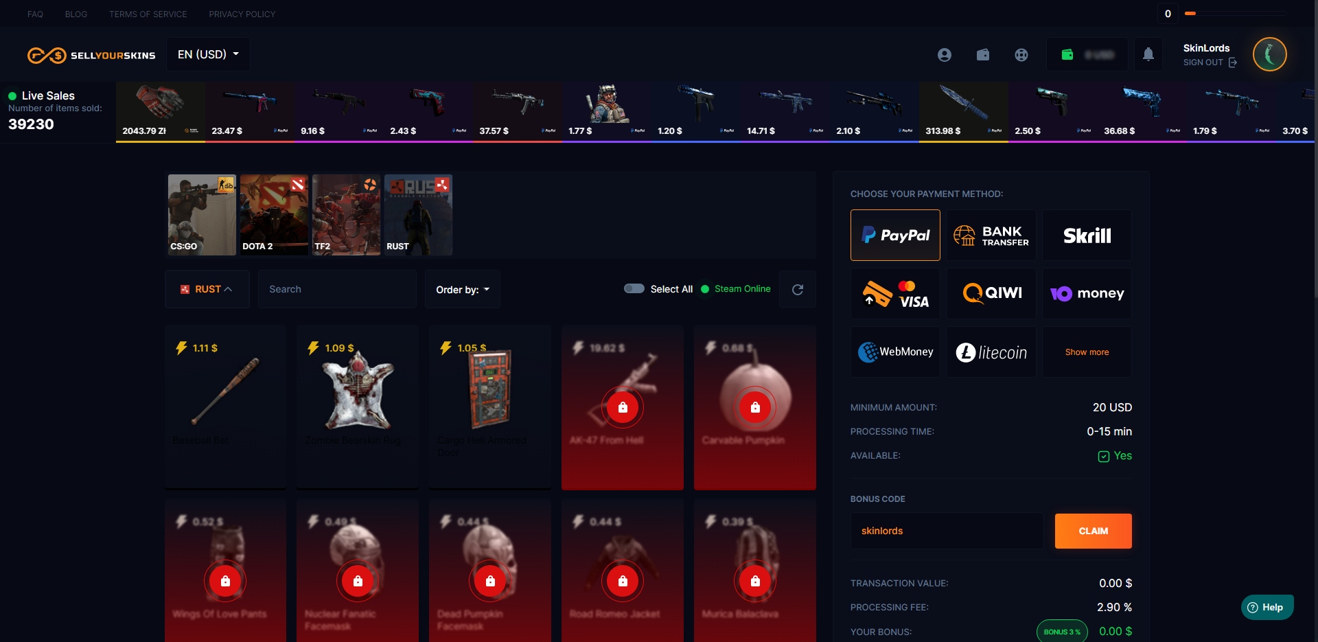 SellYourSkins Rust Skin Cash Out