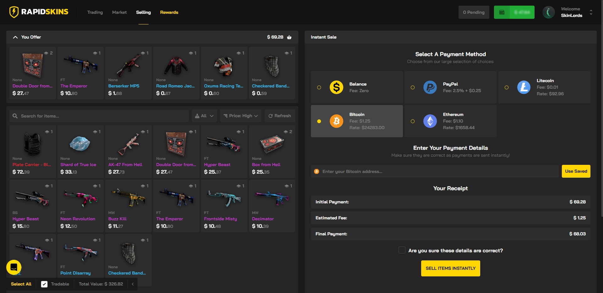 RapidSkins Instant Skin Cashout Page