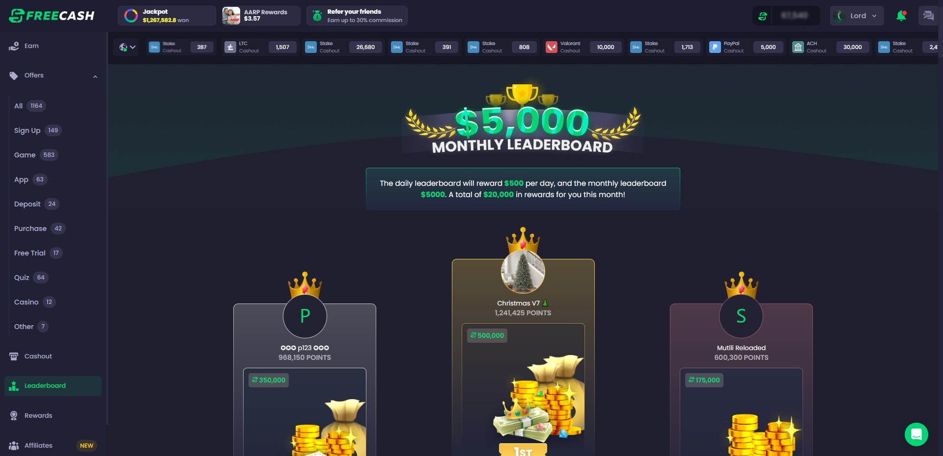 FreeCash.com Monthly Leaderboard