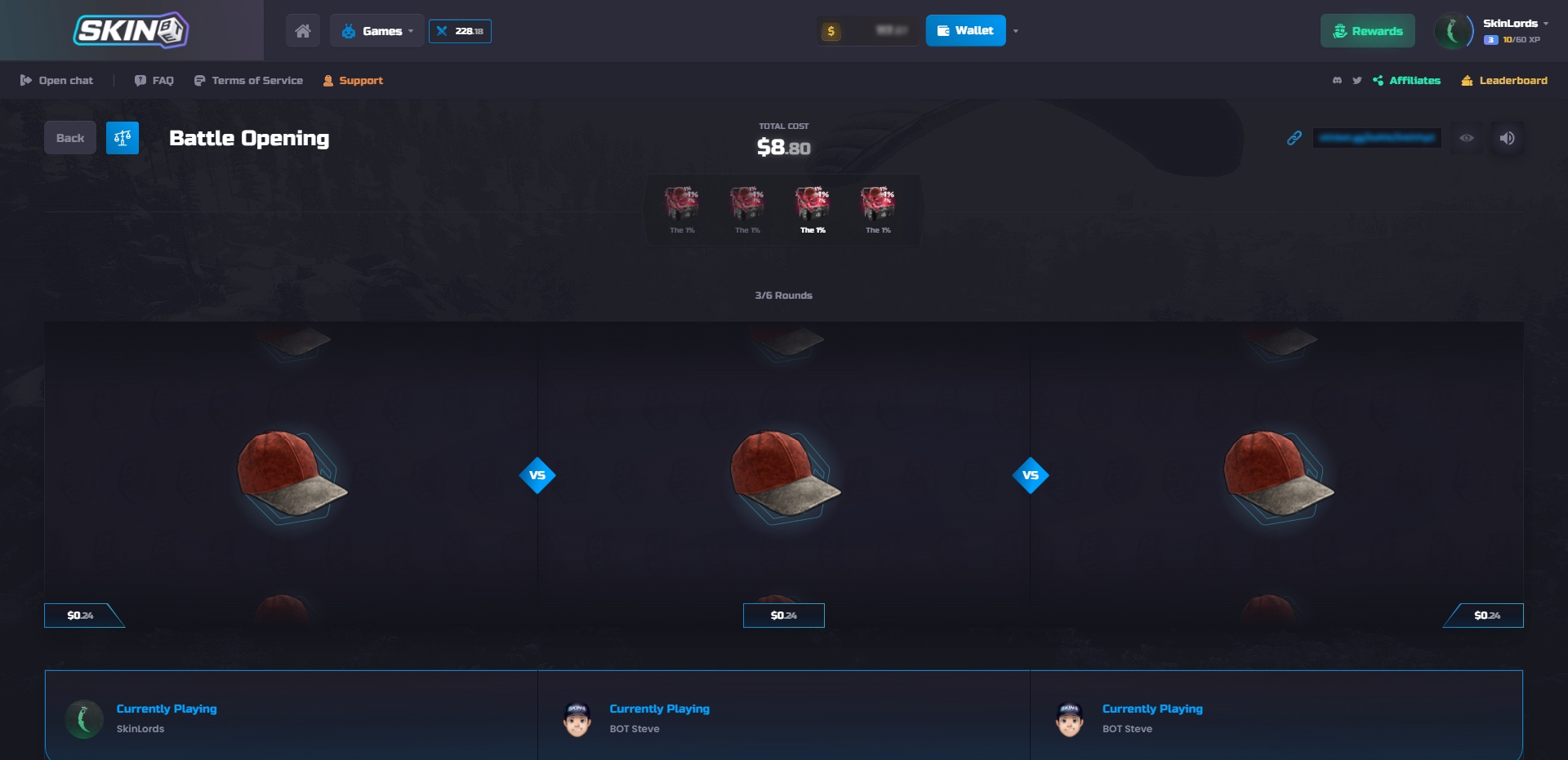 SkinBet Case Opening Battle Game