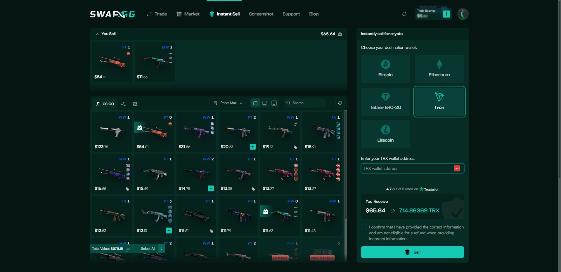 Swap.GG Instant Sell Skins Page
