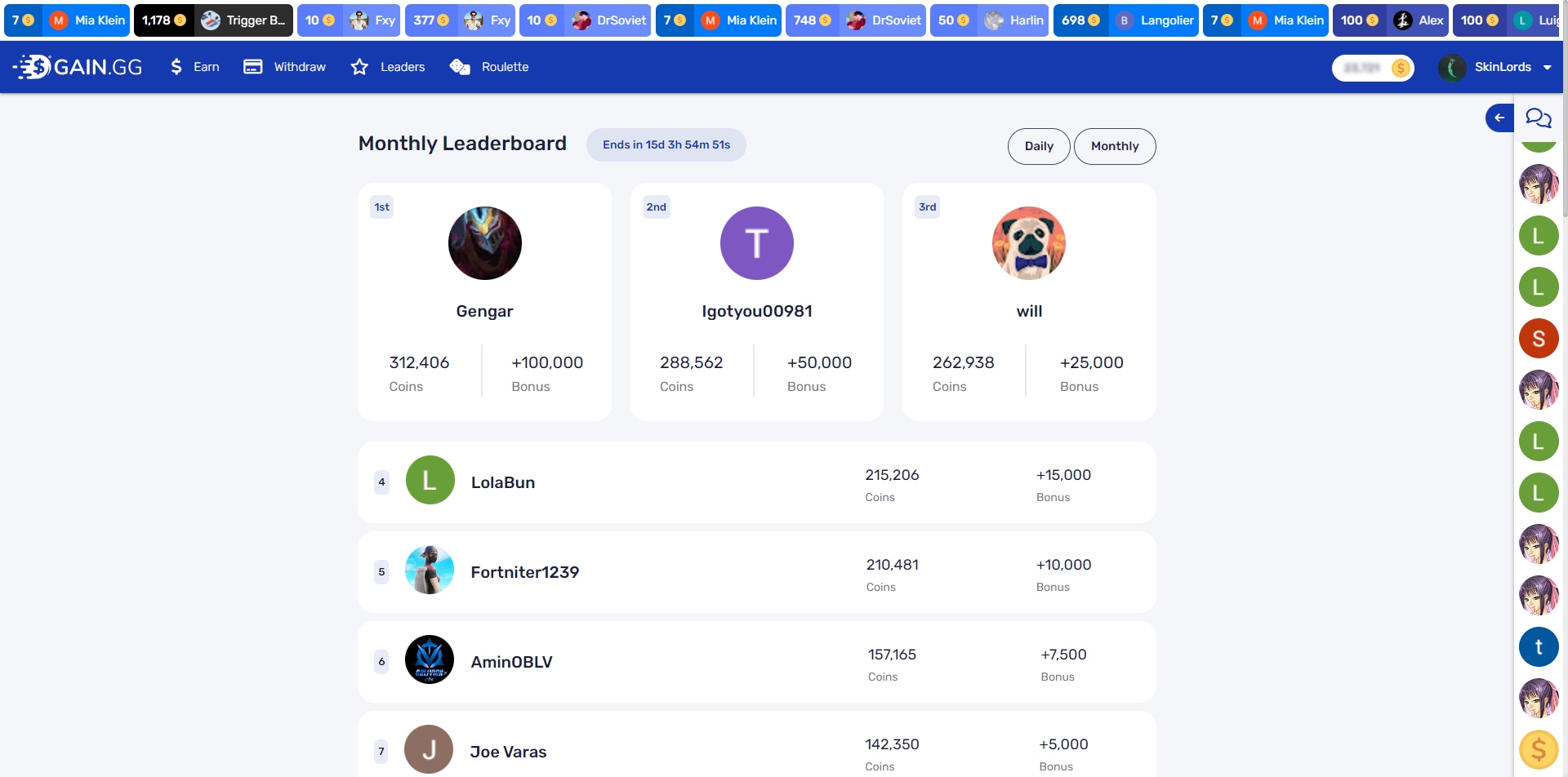 Gain.GG Monthly Leaders