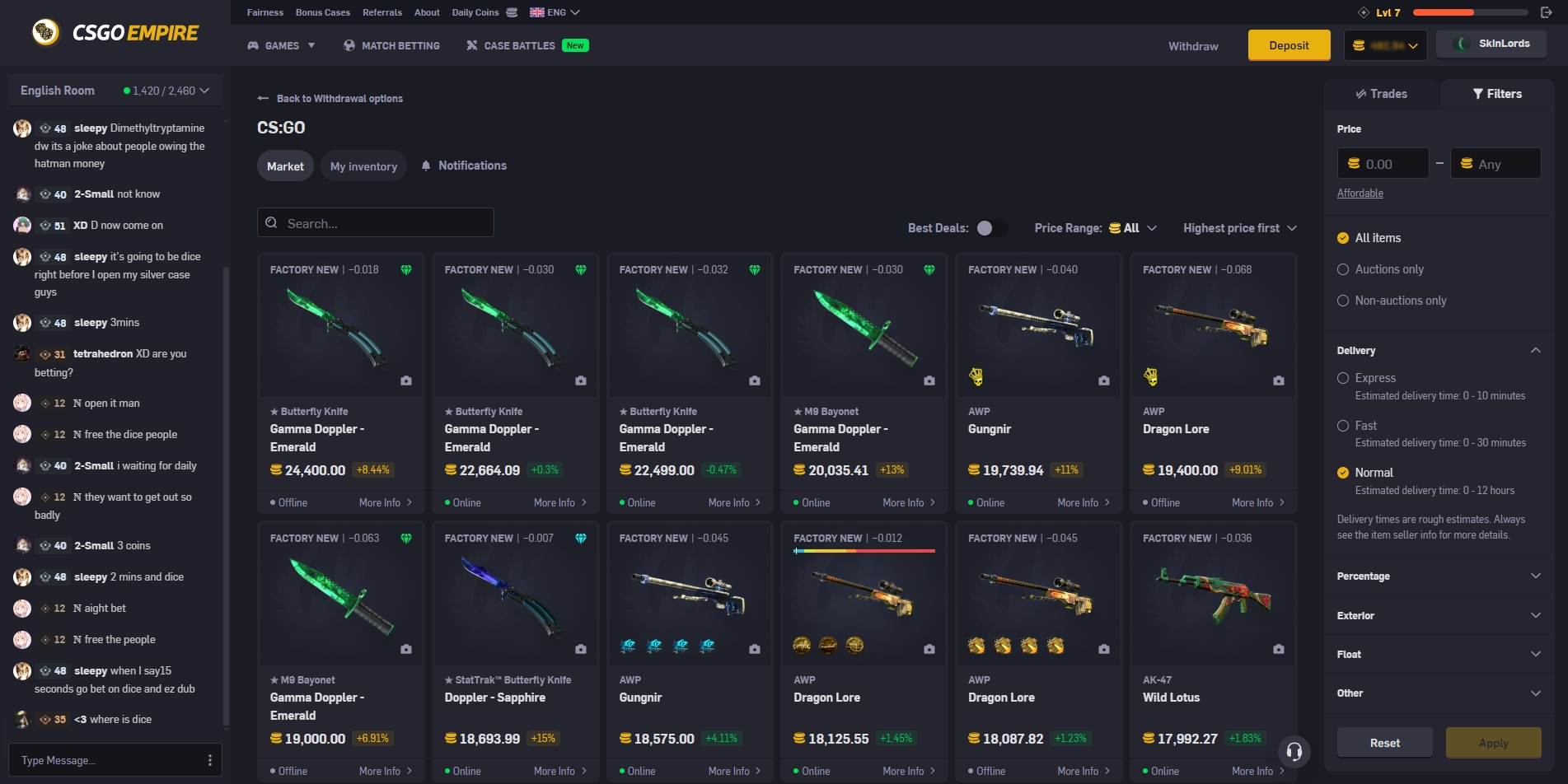 CSGOEmpire CS2 Skin Withdrawal Page