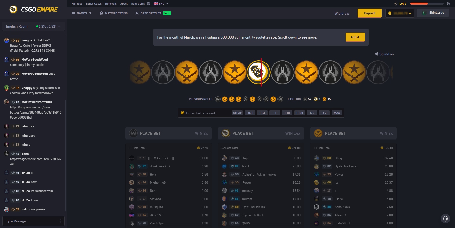 CSGOEmpire Roulette Slider Original Gamemode