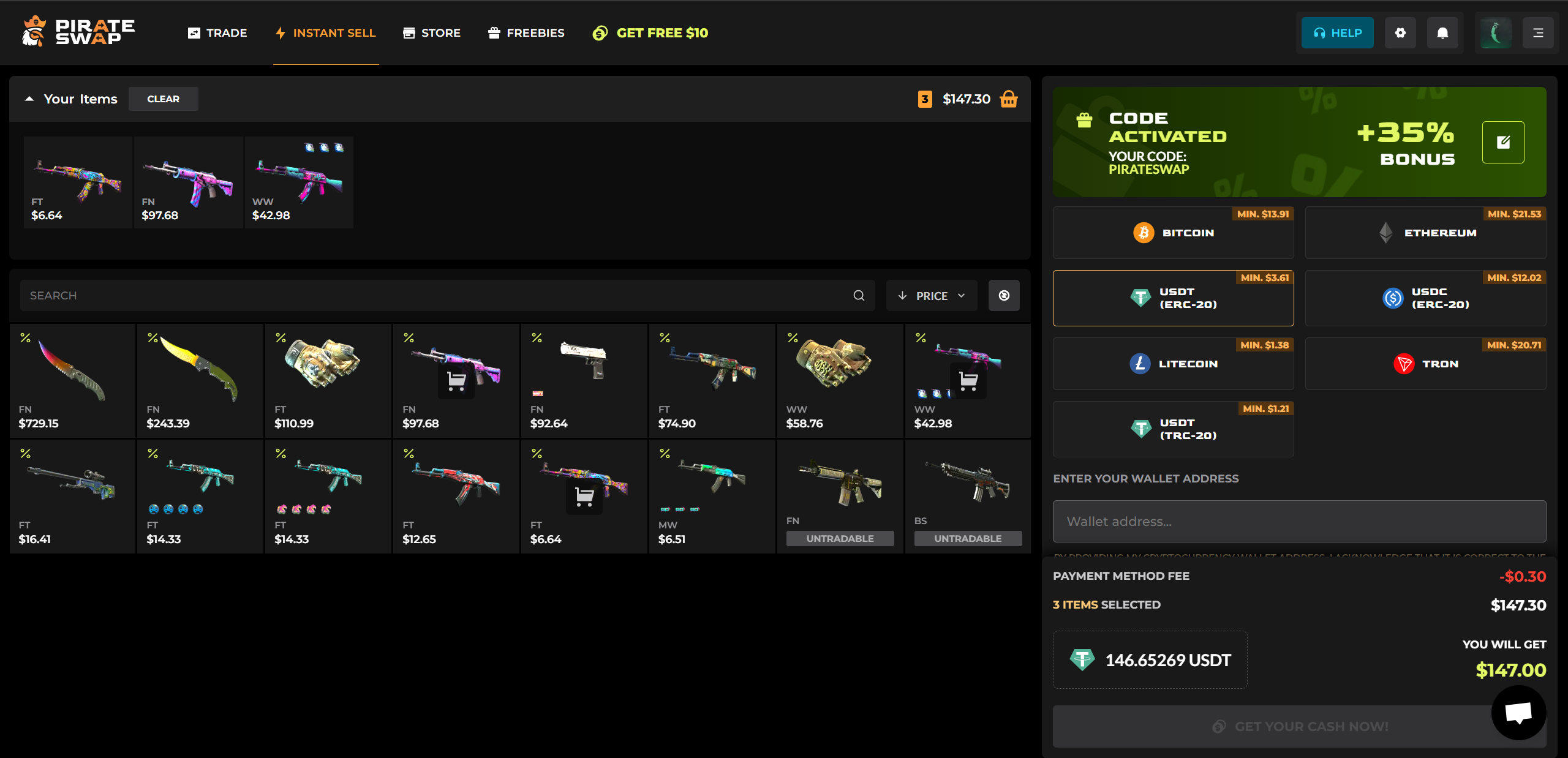 pirateswap cs2 skin instant sell